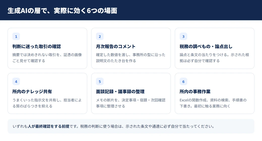 生成AIの層で実際に効く6つの場面（業務別の使いどころ）