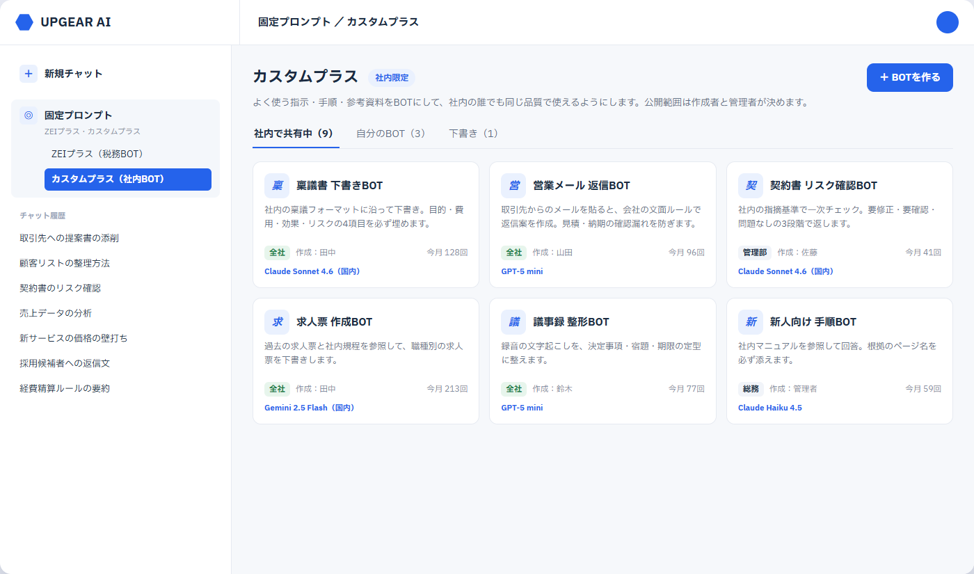 UPGEAR AI カスタムプラスの画面。社内で共有するBOTの一覧